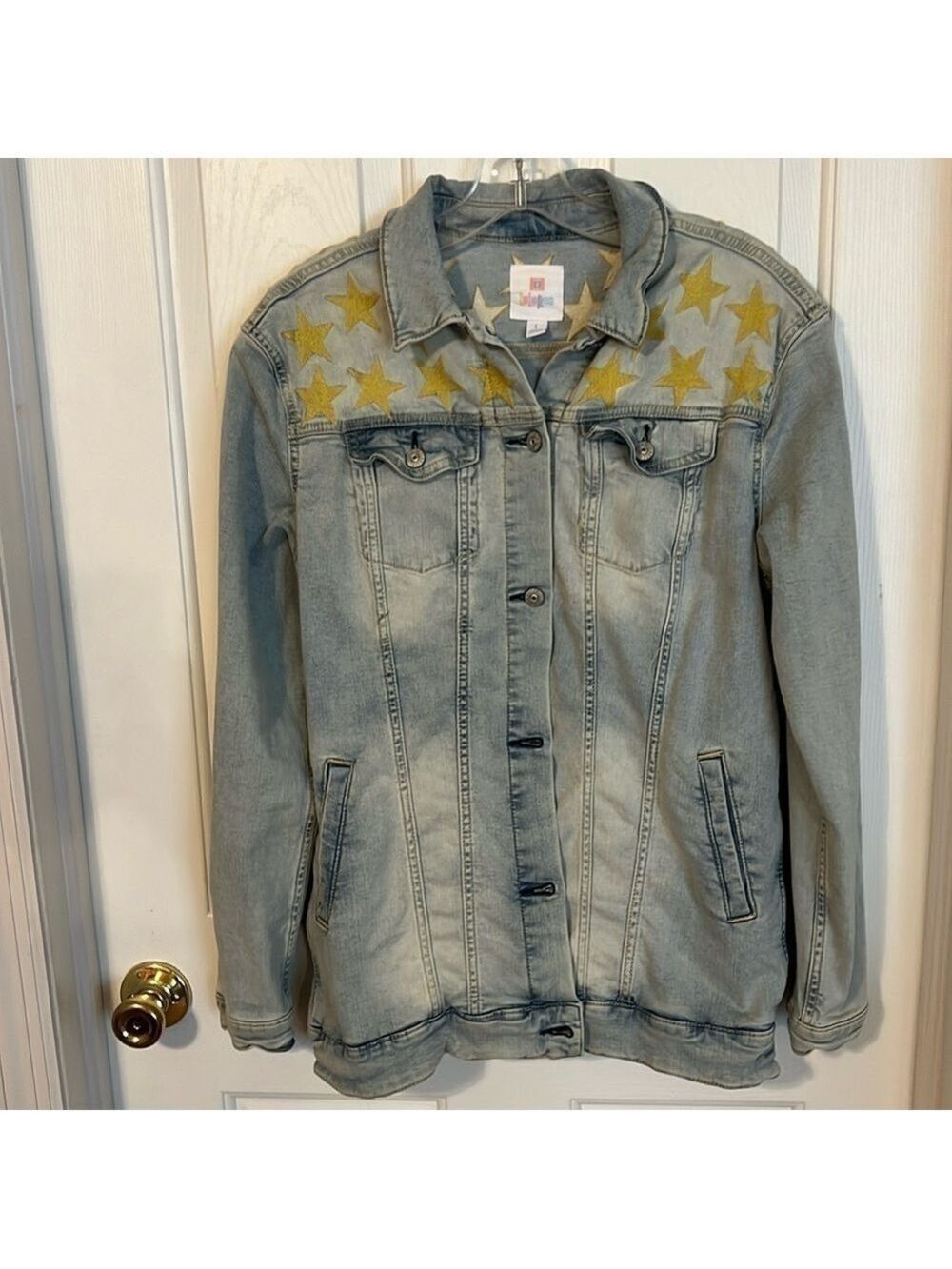 Lula Roe vintage denim embroidered jacket. Size L. Jean jacket. Gold stars